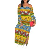 1 Piece Custom Casual Print Off The Shoulder Split Long Dress