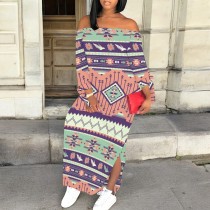 1 Piece Custom Casual Print Off The Shoulder Split Long Dress
