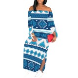 1 Piece Custom Casual Print Off The Shoulder Split Long Dress