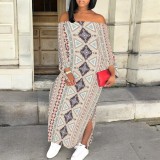 1 Piece Custom Casual Print Off The Shoulder Split Long Dress