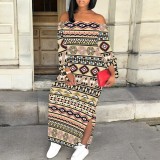 1 Piece Custom Casual Print Off The Shoulder Split Long Dress
