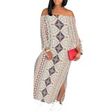 1 Piece Custom Casual Print Off The Shoulder Split Long Dress