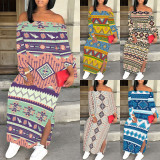 1 Piece Custom Casual Print Off The Shoulder Split Long Dress