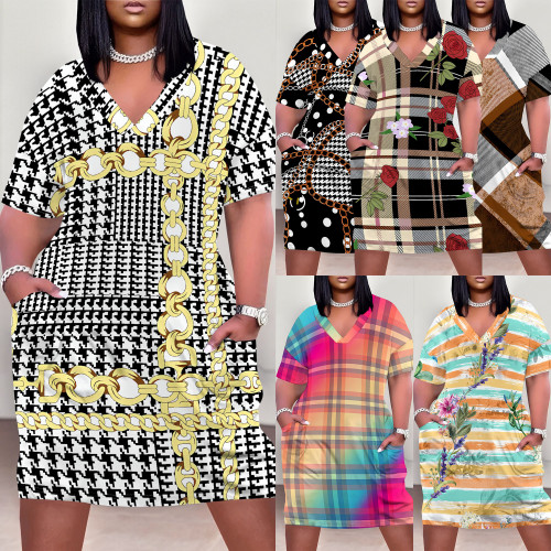 1 Piece Custom Casual Print V Neck Short Sleeve Plus Size Midi Dress