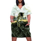 1 Piece Custom Casual Print V Neck Short Sleeve Plus Size Midi Dress