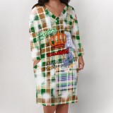 1 Piece Custom Casual Print V Neck Long Sleeve Plus Size Midi Dress
