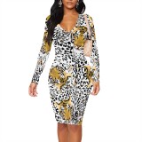 1 Piece Custom Casual Print V Neck Long Sleeve Midi Dress