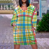 1 Piece Custom Casual Print V Neck Long Sleeve Plus Size Midi Dress