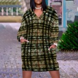 1 Piece Custom Casual Print V Neck Long Sleeve Plus Size Midi Dress