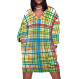 1 Piece Custom Casual Print V Neck Long Sleeve Plus Size Midi Dress