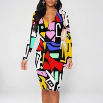 1 Piece Custom Casual Print V Neck Long Sleeve Midi Dress