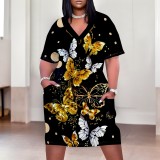 1 Piece Custom Casual Print V Neck Short Sleeve Plus Size Midi Dress