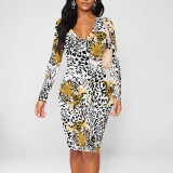 1 Piece Custom Casual Print V Neck Long Sleeve Midi Dress