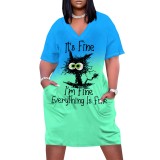 1 Piece Custom Casual Print V Neck Short Sleeve Plus Size Midi Dress