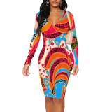 1 Piece Custom Casual Print V Neck Long Sleeve Midi Dress