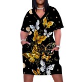 1 Piece Custom Casual Print V Neck Short Sleeve Plus Size Midi Dress