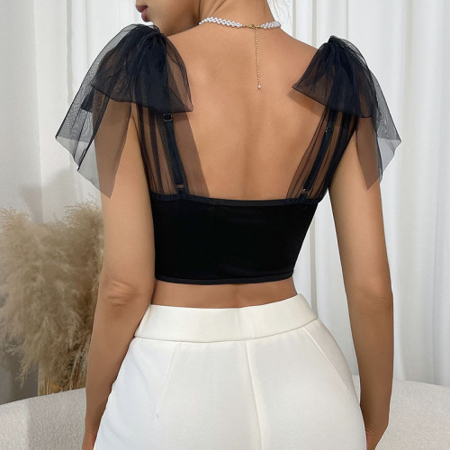 Low-cut Sexy See-through Mesh Splicing Short Top