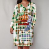 1 Piece Custom Casual Print V Neck Long Sleeve Plus Size Midi Dress