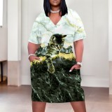 1 Piece Custom Casual Print V Neck Short Sleeve Plus Size Midi Dress
