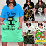 1 Piece Custom Casual Print V Neck Short Sleeve Plus Size Midi Dress