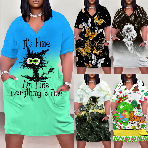 1 Piece Custom Casual Print V Neck Short Sleeve Plus Size Midi Dress