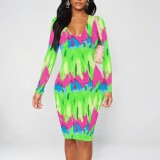 1 Piece Custom Casual Print V Neck Long Sleeve Midi Dress