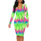 1 Piece Custom Casual Print V Neck Long Sleeve Midi Dress