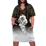 1 Piece Custom Casual Print V Neck Short Sleeve Plus Size Midi Dress
