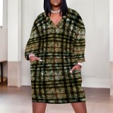 1 Piece Custom Casual Print V Neck Long Sleeve Plus Size Midi Dress