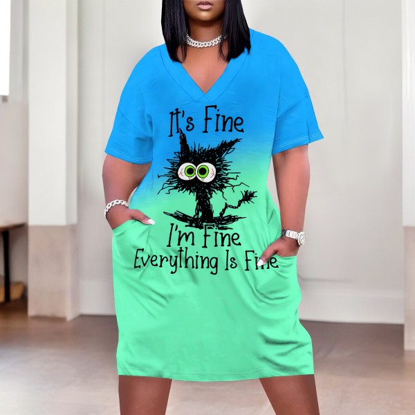 1 Piece Custom Casual Print V Neck Short Sleeve Plus Size Midi Dress