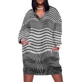 1 Piece Custom Casual Print V Neck Long Sleeve Plus Size Midi Dress