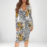 1 Piece Custom Casual Print V Neck Long Sleeve Midi Dress