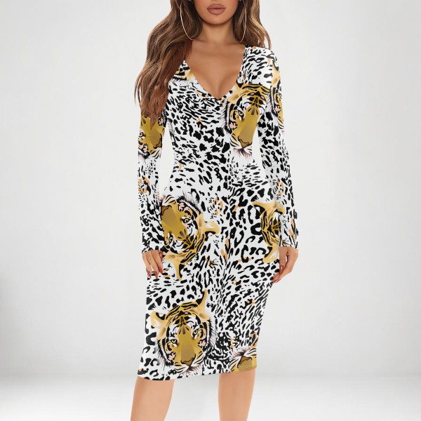 1 Piece Custom Casual Print V Neck Long Sleeve Midi Dress