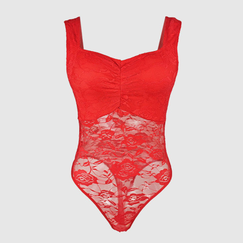 See Through Lingerie Women Erotic Lace Stitching Sheer Teddy Bodysuit
