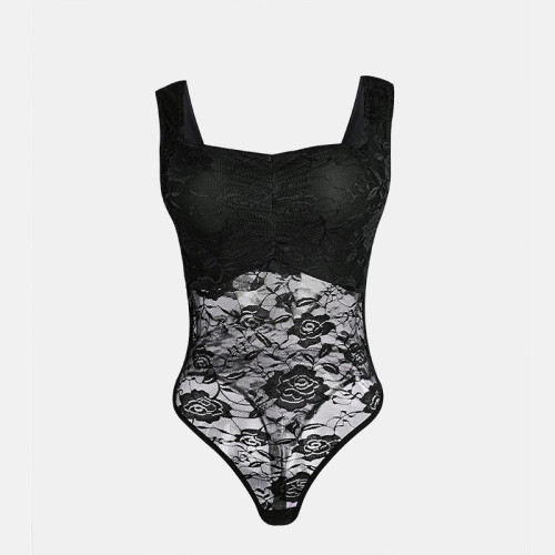 See Through Lingerie Women Erotic Lace Stitching Sheer Teddy Bodysuit