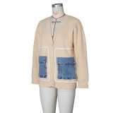 Women's Color Block V Neck Knit Jacket Denim Patchwork Cardigan Sweaters