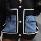 Women's Color Block V Neck Knit Jacket Denim Patchwork Cardigan Sweaters