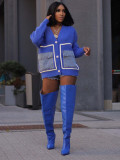 Women's Color Block V Neck Knit Jacket Denim Patchwork Cardigan Sweaters