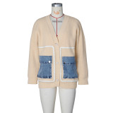 Women's Color Block V Neck Knit Jacket Denim Patchwork Cardigan Sweaters