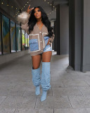 Women's Color Block V Neck Knit Jacket Denim Patchwork Cardigan Sweaters