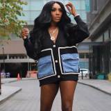 Women's Color Block V Neck Knit Jacket Denim Patchwork Cardigan Sweaters