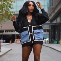 Women's Color Block V Neck Knit Jacket Denim Patchwork Cardigan Sweaters