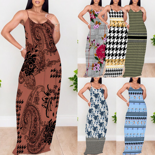 1 Piece Custom Casual Print V Neck Straps Long Dress
