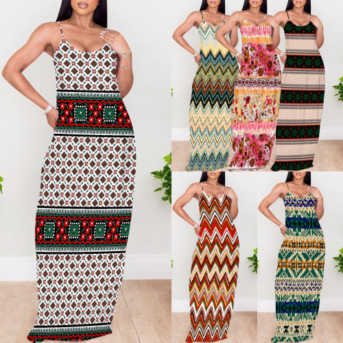1 Piece Custom Casual Print V Neck Straps Long Dress