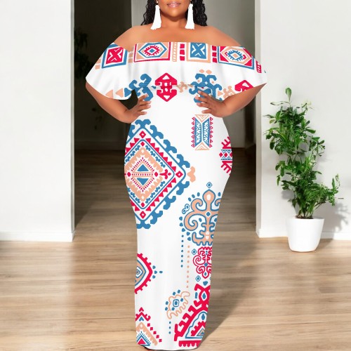 1 Piece Custom Casual Print Off The Shoulder Maxi Dresses