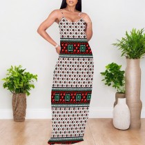 1 Piece Custom Casual Print V Neck Straps Long Dress