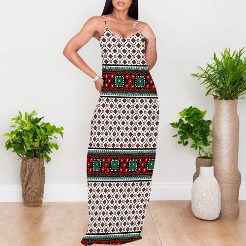 1 Piece Custom Casual Print V Neck Straps Long Dress