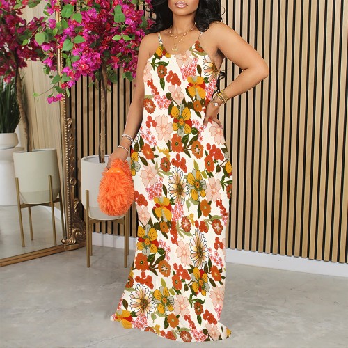 1 Piece Custom Casual Print V Neck Straps Long Dress