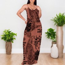 1 Piece Custom Casual Print V Neck Straps Long Dress