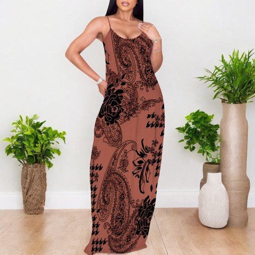 1 Piece Custom Casual Print V Neck Straps Long Dress